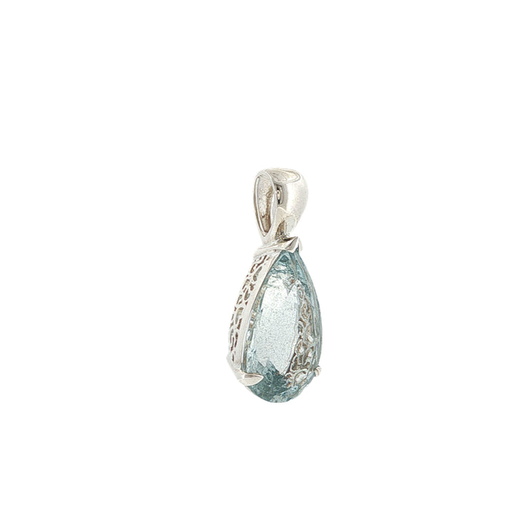 Teardrop auquamarine drop pendant in openwork sterling silver setting