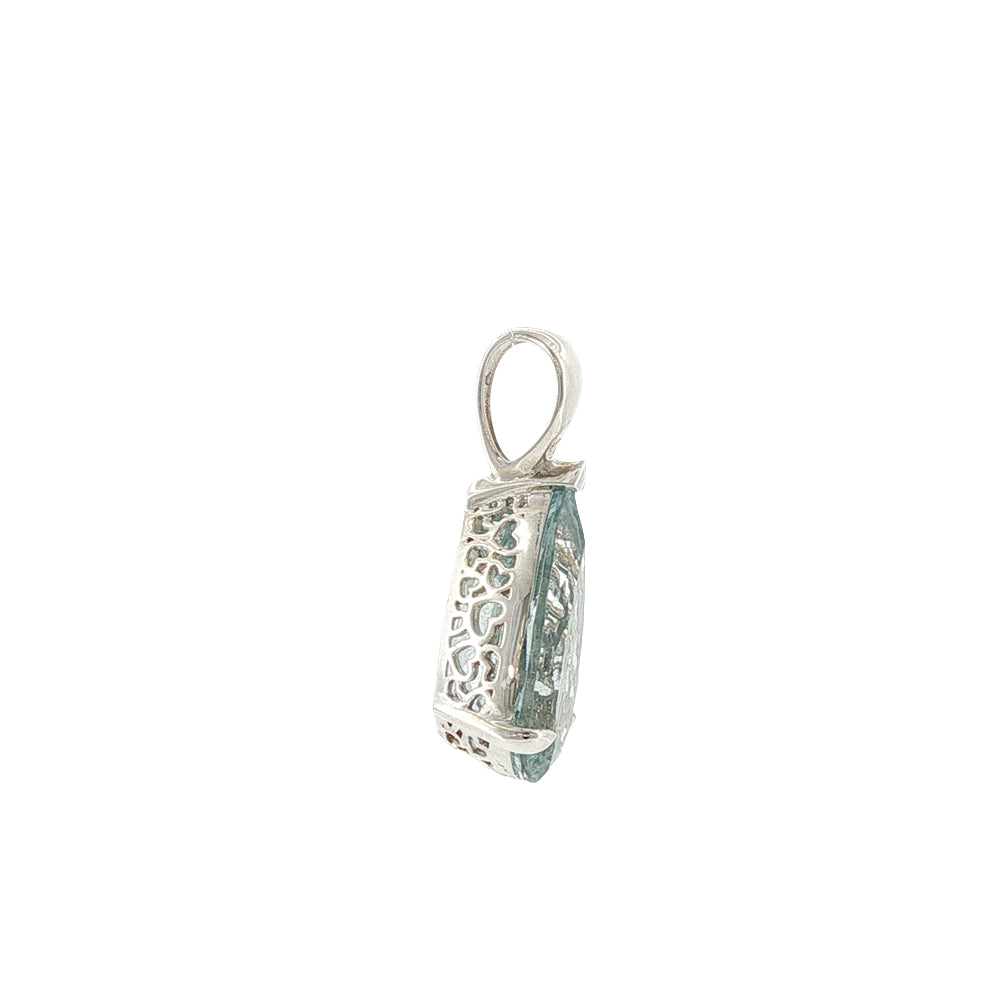 Teardrop auquamarine drop pendant in openwork sterling silver setting