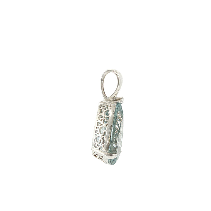 Teardrop auquamarine drop pendant in openwork sterling silver setting