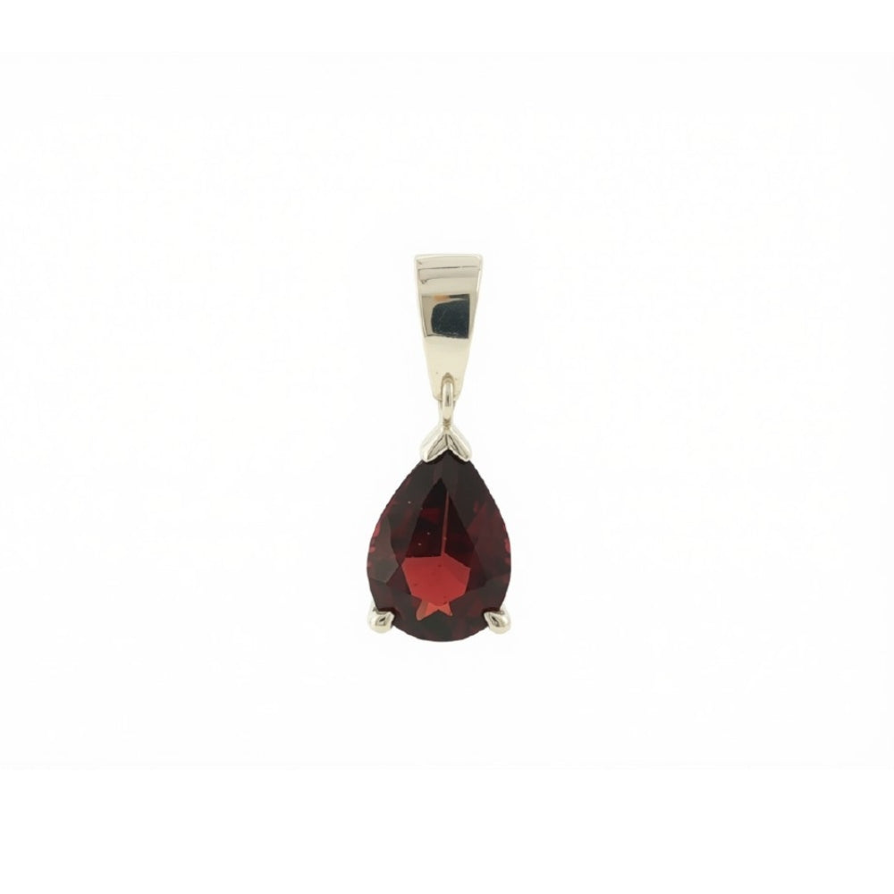 Pear shaped garnet pendant on fixed bale on sterling silver