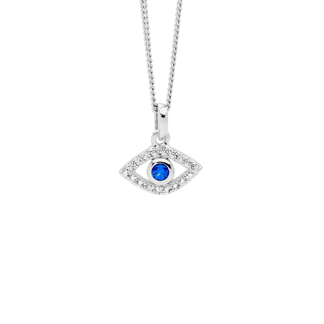 Ellani white and blue cz evil eye pendant