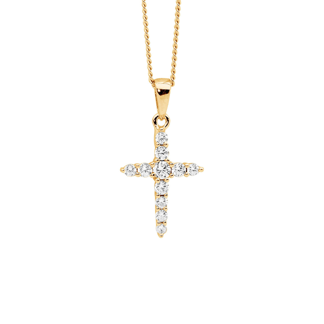 Ellani - CZ cross pendant on diamond cut curb chain in gold plated sterling silver