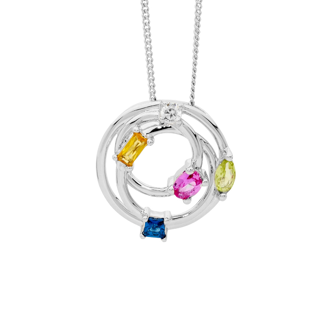 Ellani - multi coloured cz abstract circles pendant on diamond cut curb chain
