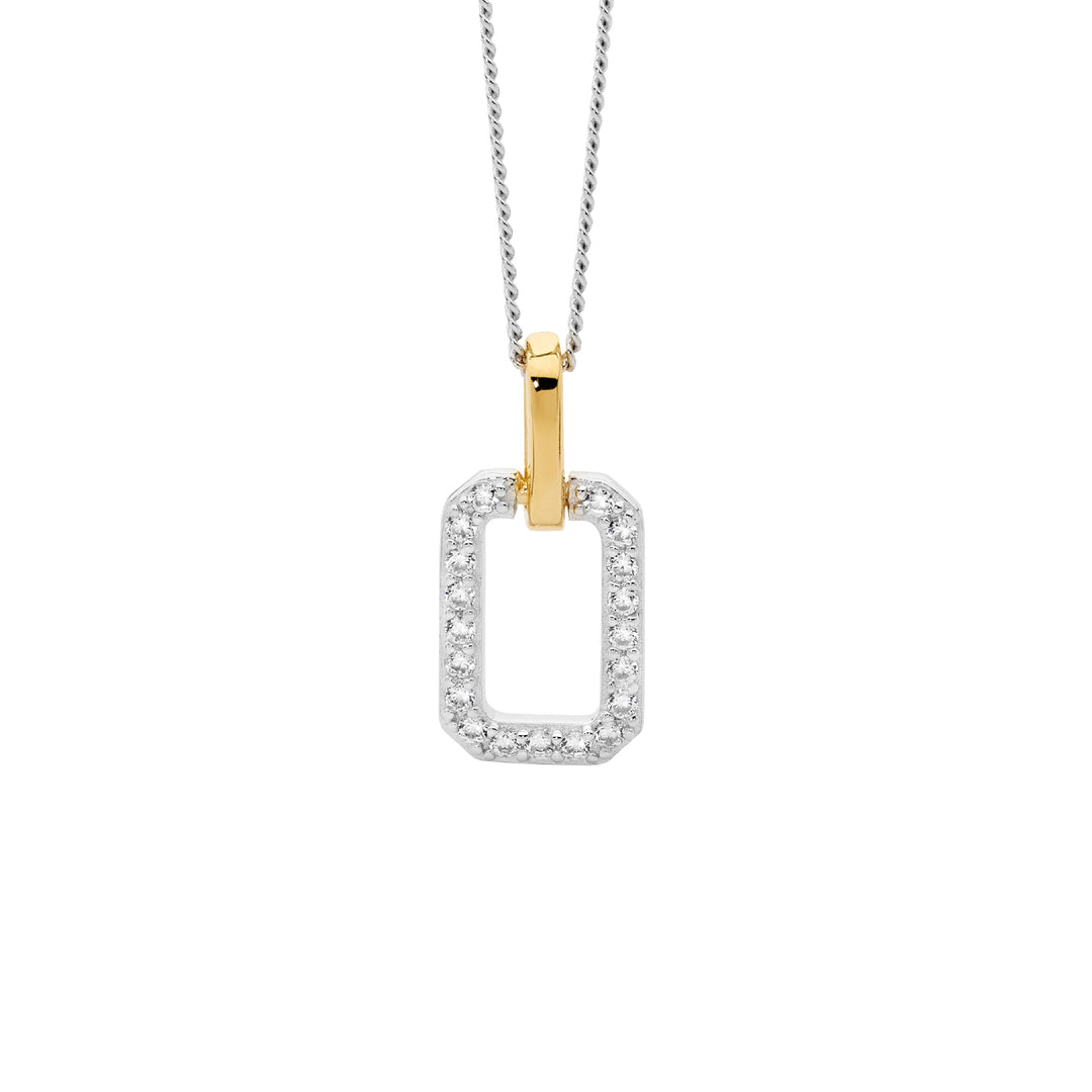 Ellani cz open rectangle pendant with gold plated top bar on 45cm gold plated chain