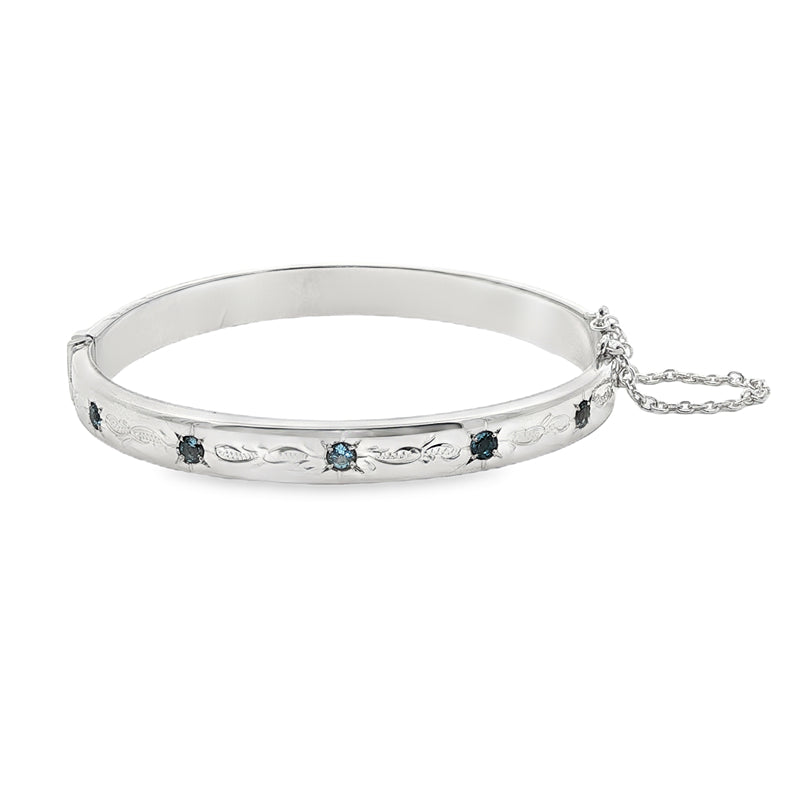 Blue Topaz 5 stone engraved hinged bangle in sterling silver