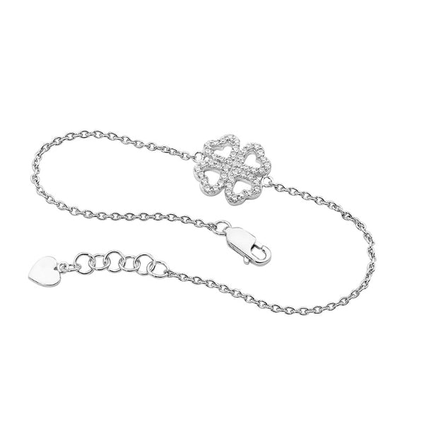 Four Leaf Clover Silver cable bracelet with cubic zirconia stones, 17cm