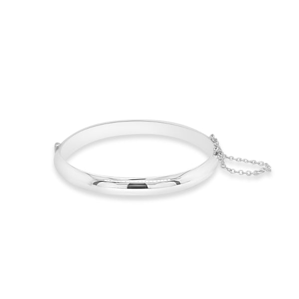 Hinged bangle with safety chain in sterling silver