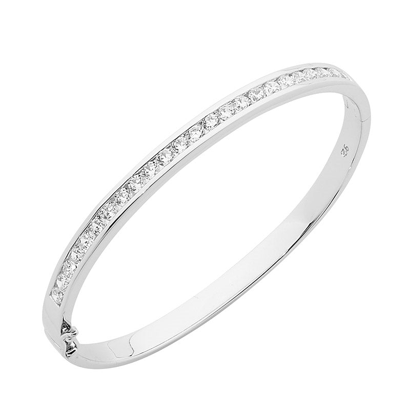 Ellani cubic zirconia hinged bangle in sterling - 10mm wide