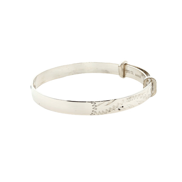 Expanding engraved baby bangle with blue topaz in sterling silver