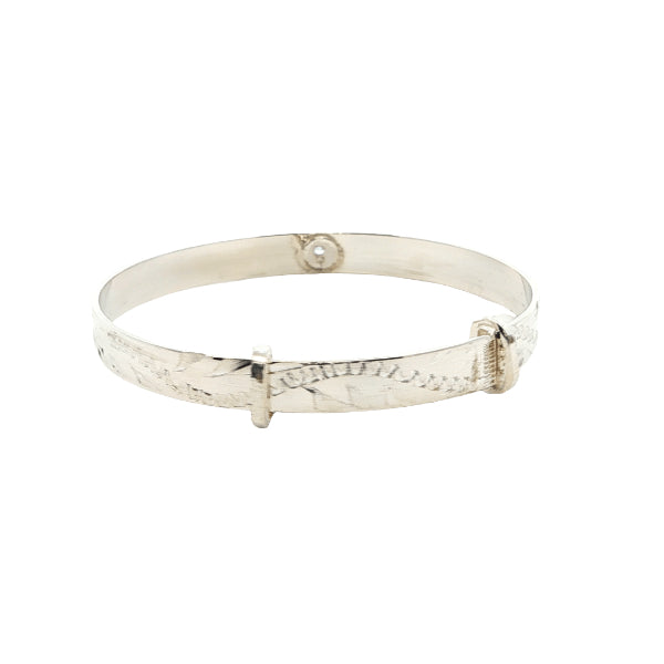 Expanding engraved baby bangle with blue topaz in sterling silver