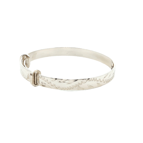 Expanding engraved baby bangle with blue topaz in sterling silver