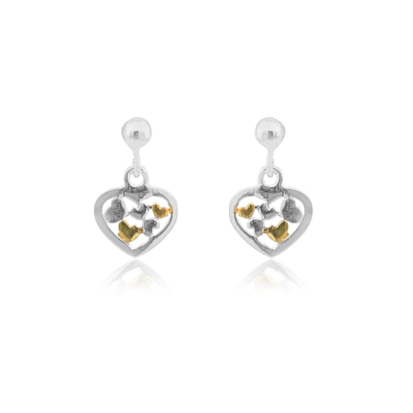 Heart drop stud earrings in sterling silver