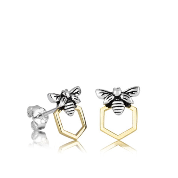 Evolve honey bee stud earrings in gold plate and sterling silver
