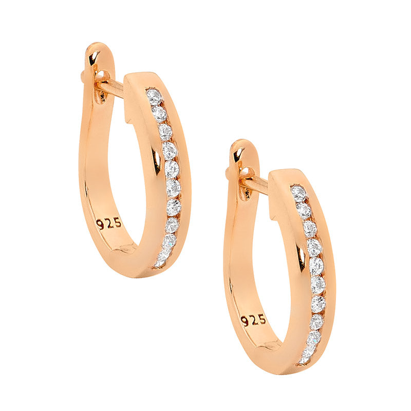 Channel set cubic zirconia huggie earrings in rose gold over sterling silver