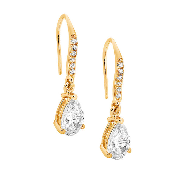 Ellani CZ pear drop shepherds hook earrings in gold tone over sterling silver