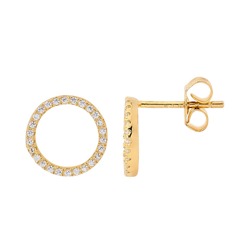 CZ open circle stud earrings in gold tone over sterling silver