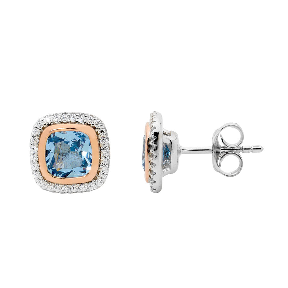 Ellani blue spinel with rose plate cushion halo and cubic zirconia stud earrings in sterling silver 10mm