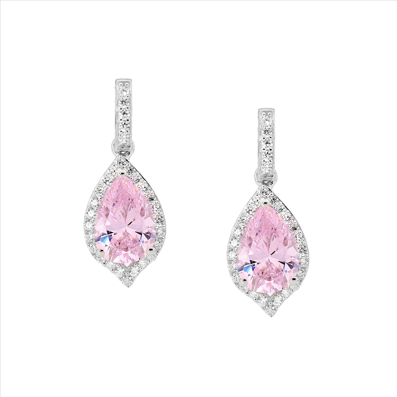 Ellani pink pear shaped cubic zirconia with cubic zirconia surround drop earrings in sterling silver