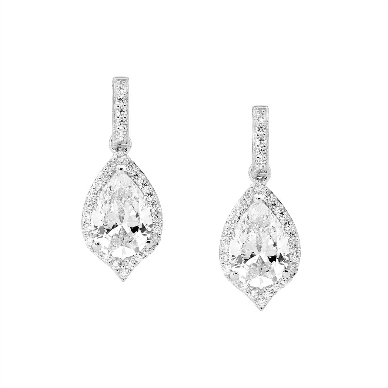 Ellani pear shaped cubic zirconia with cubic zirconia surround drop earrings in sterling silver