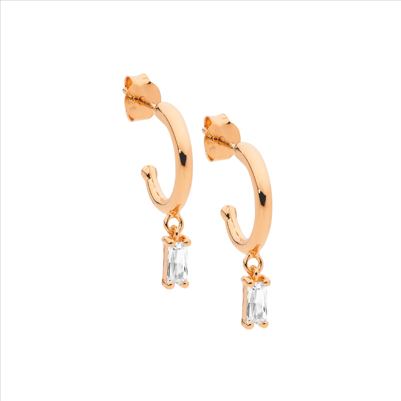 Baguette CZ semi hoop earrings in rose gold over sterling silver