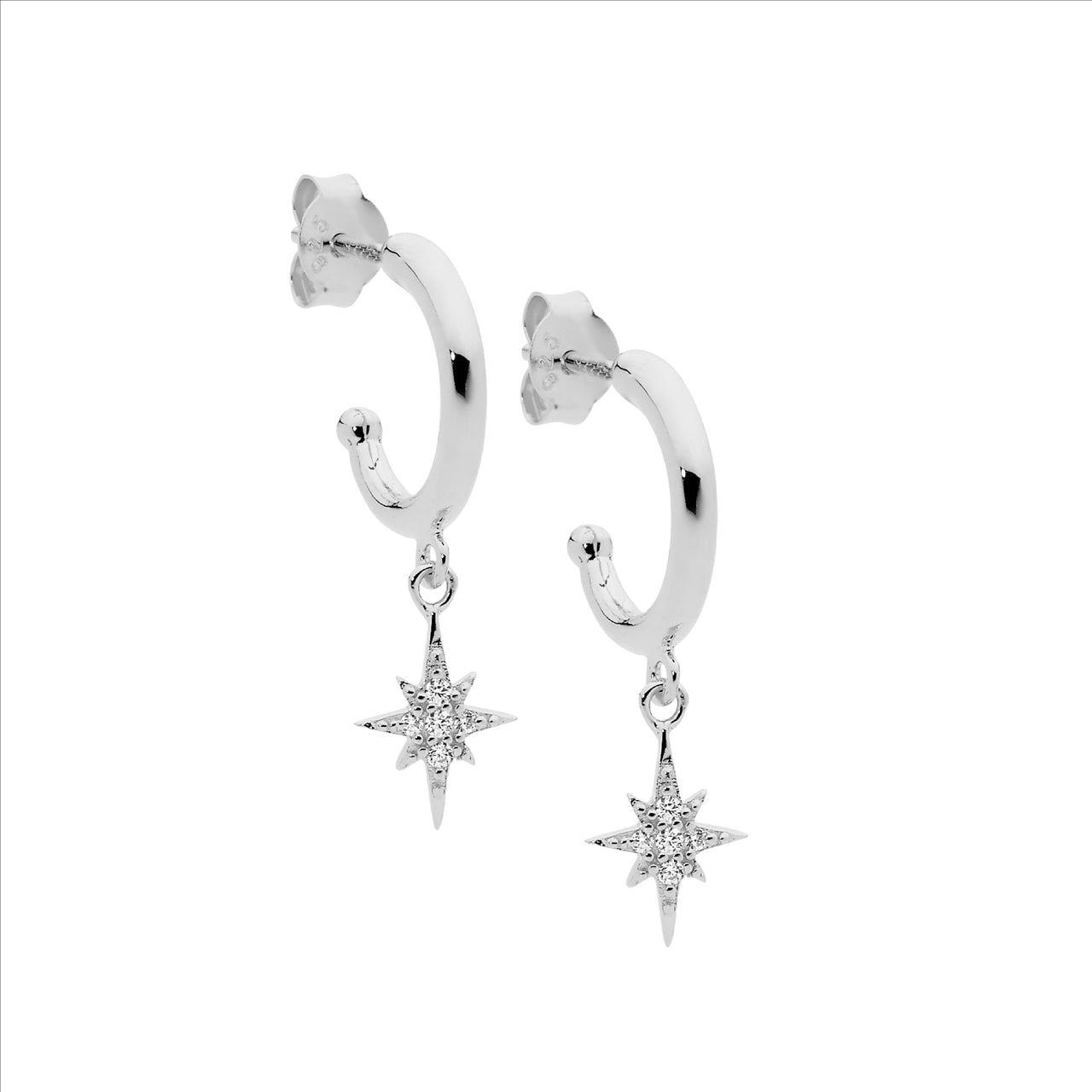 Ellani CZ hoop earrings with stars in sterling silver