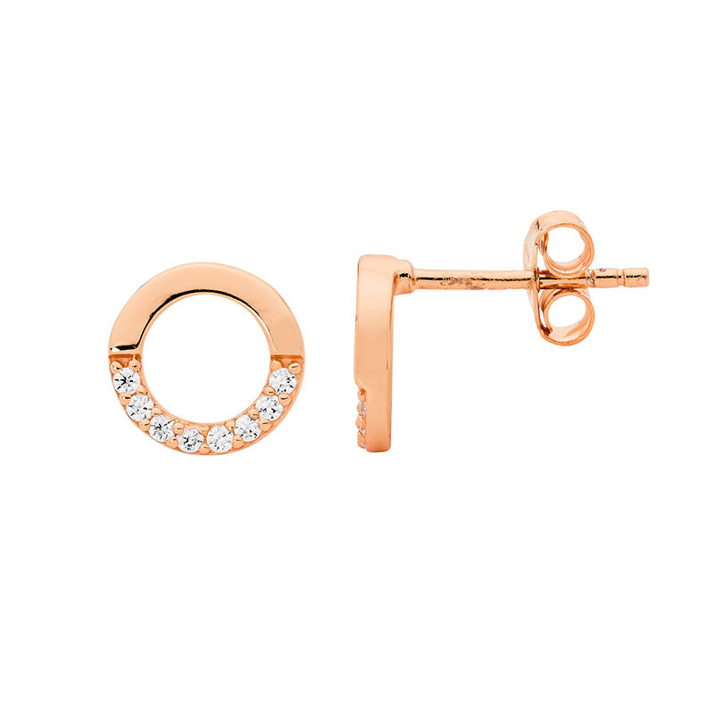 Open circle cubic zirconia stud earrings in rose gold plated sterling silver 9mm