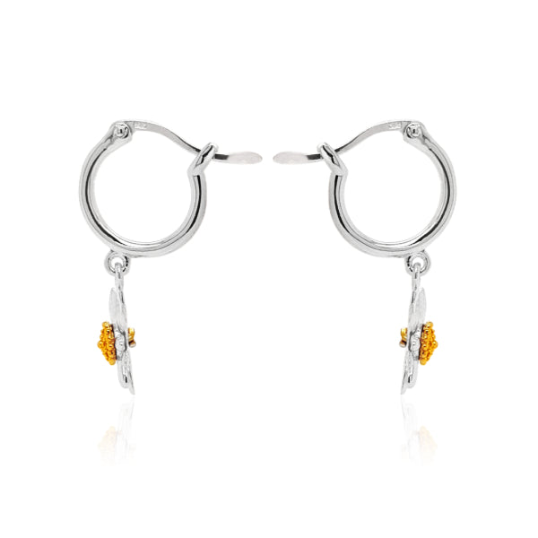 English daisy hoop drop earrings with gold plated centre in sterling silver 10mm