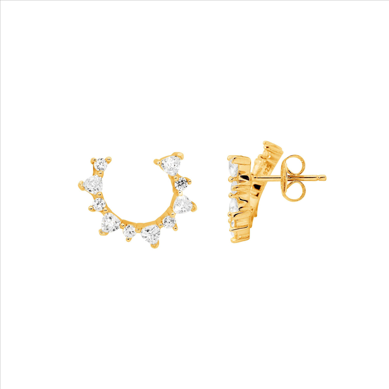 Ellani open circle trillon and round cubic zirconia stud earrings in gold plated sterling silver