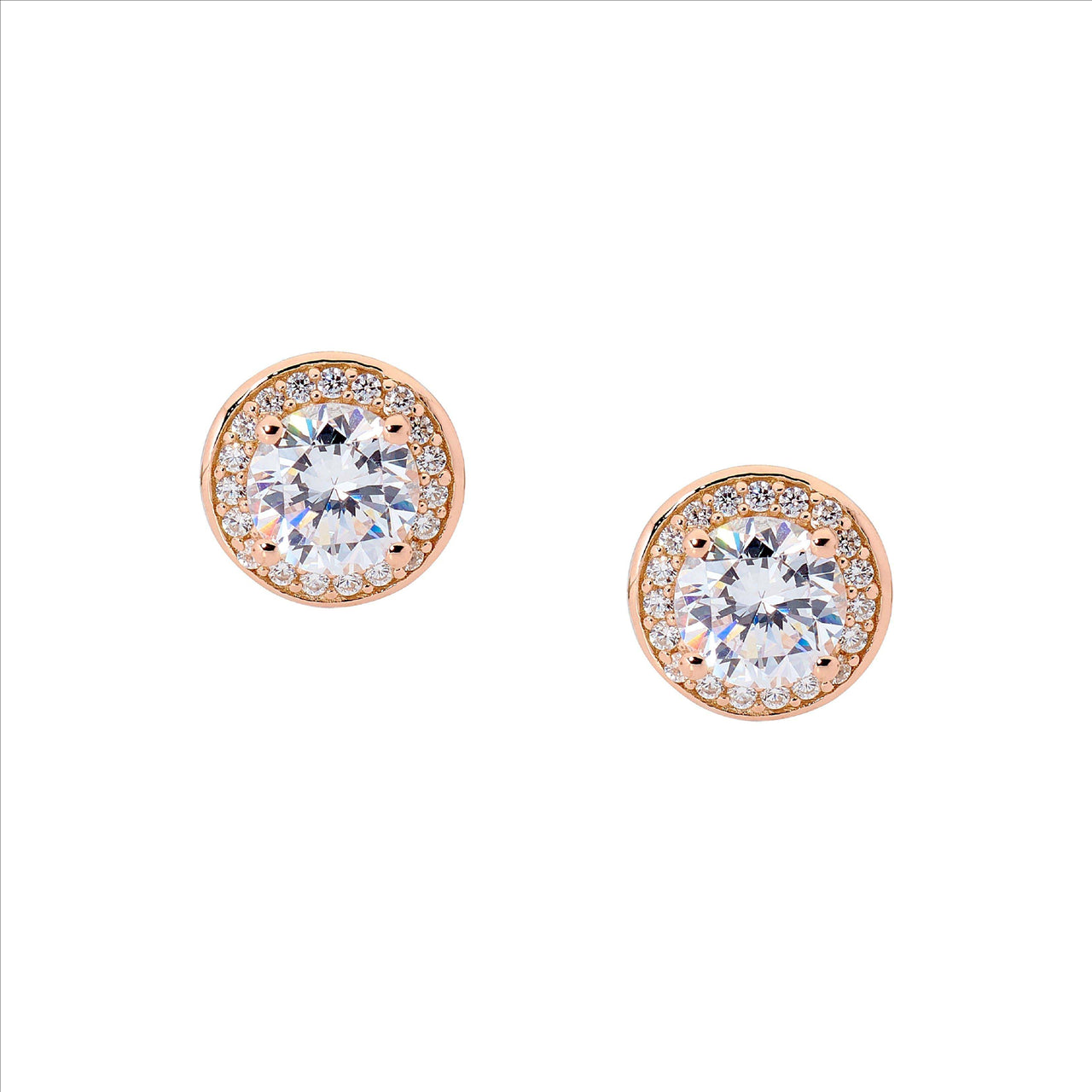 Ellani cubic zirconia solitaire stud earrings with halo in rose gold plated sterling silver 9.5mm