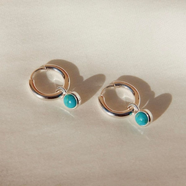 Najo - Heavenly turquoise bezel set drop on huggie earring in sterling silver