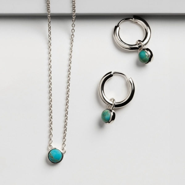 Najo - Heavenly turquoise bezel set drop on huggie earring in sterling silver