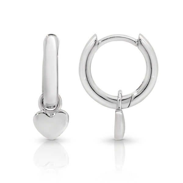 Heart drops on 8mm huggie earrings in sterling silver