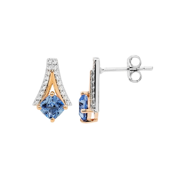 Ellani blue spinel stud earrings in rose gold plate and sterling silver