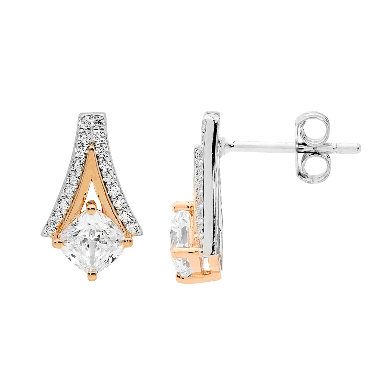 Ellani CZ stud earrings in rose gold plate and sterling silver