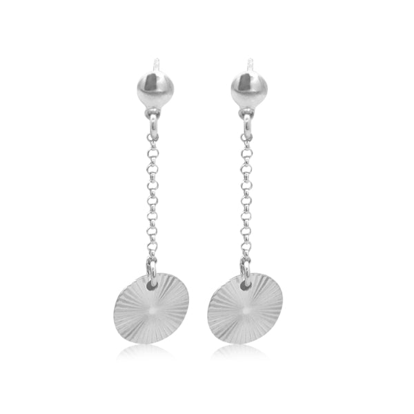 Dome stud earrings with chain drop suns in sterling silver