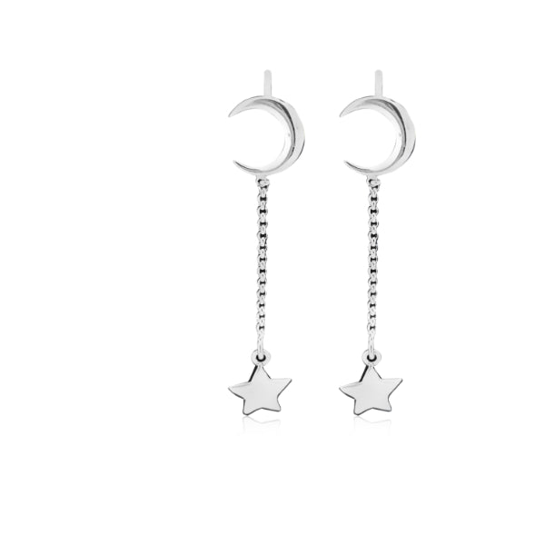 Moon stud earrings with chain drop stars in sterling silver