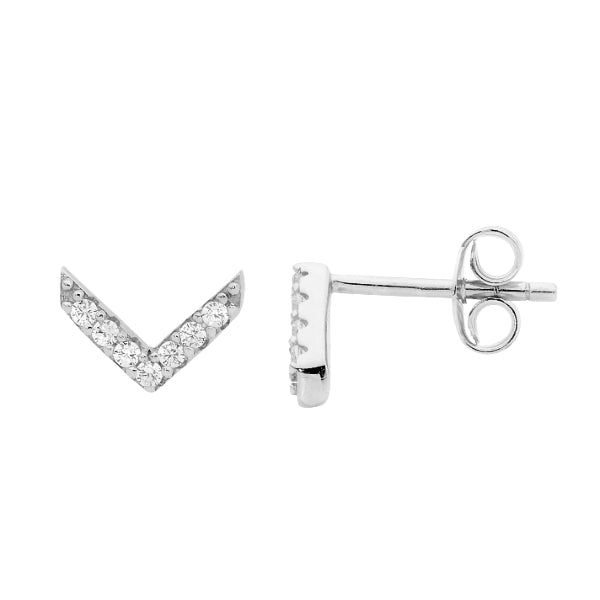 Ellani cubic zirconia V shaped stud earrings in sterling silver