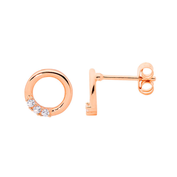 Ellani 3x cubic zirconia open circle stud earrings in rose gold plated sterling silver 9mm