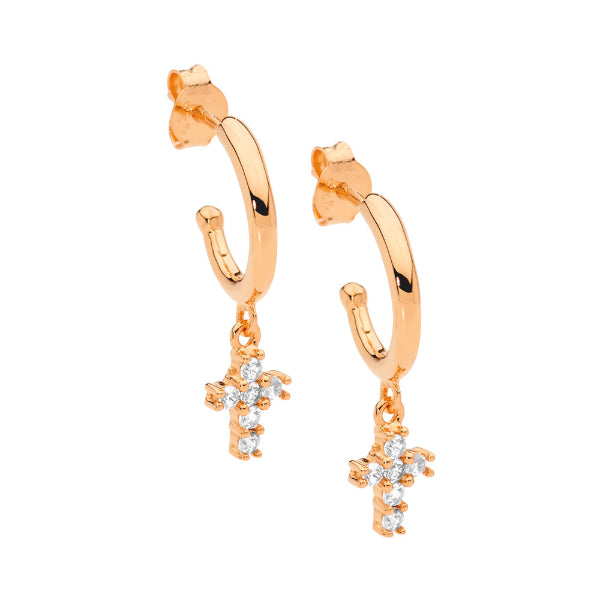 Ellani hoop earrings with cubic zirconia cross drop in rose gold plated sterling silver 13mm