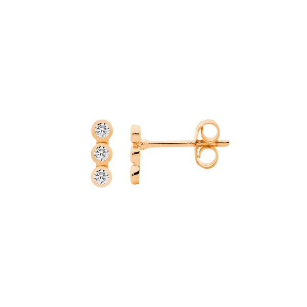 Ellani 3 x bezel set cubic zirconia stud earrings in rose gold plated sterling silver