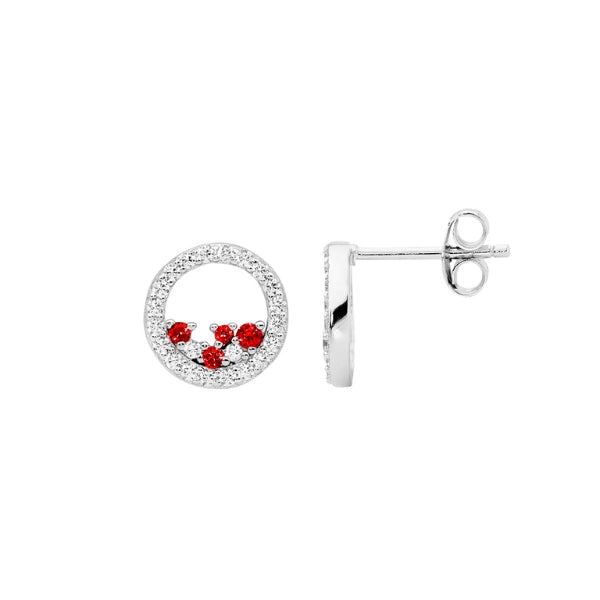 Ellani open circle earrings with scattered red and white cubic zirconias in sterling silver 10mm