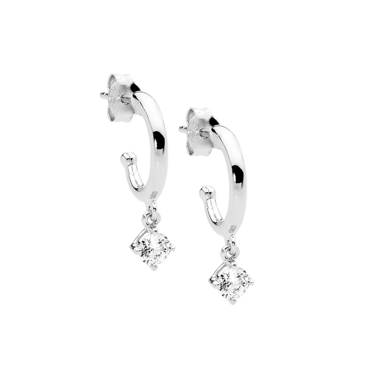 Ellani  hoops with claw set cubic zirconia drop in sterling silver