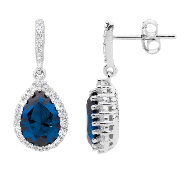 Ellani london blue topaz aand CZ teardrop stud fitting earrings in sterling silver