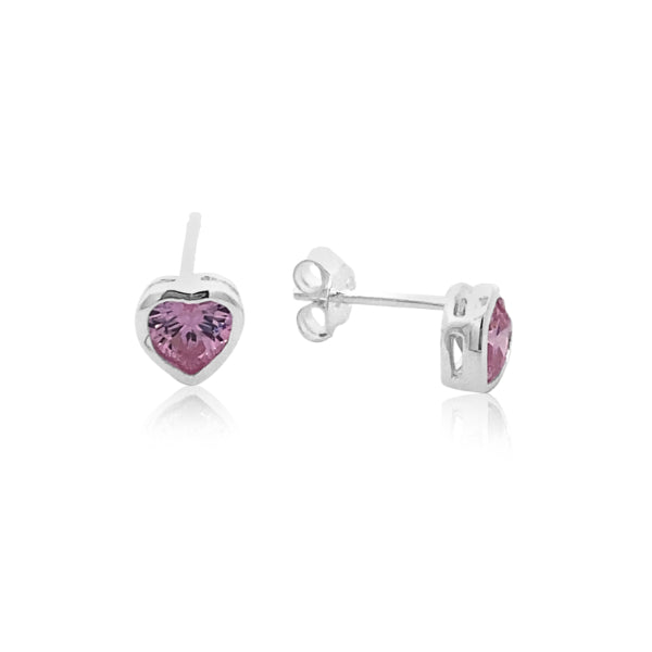 Bezel pink heart shaped cubic zirconia stud earrings in sterling silver