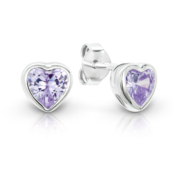 Bezel purple heart shaped cubic zirconia stud earrings in sterling silver