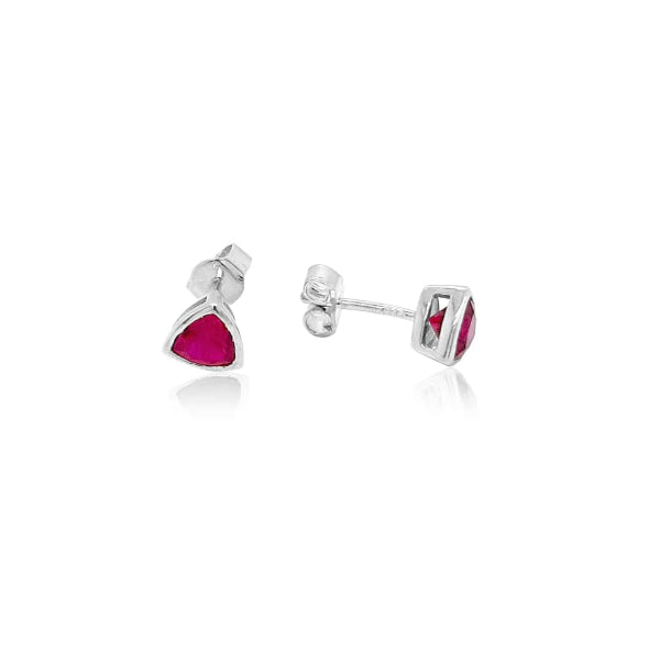 Triangle synthetic ruby stud earrings in sterling silver