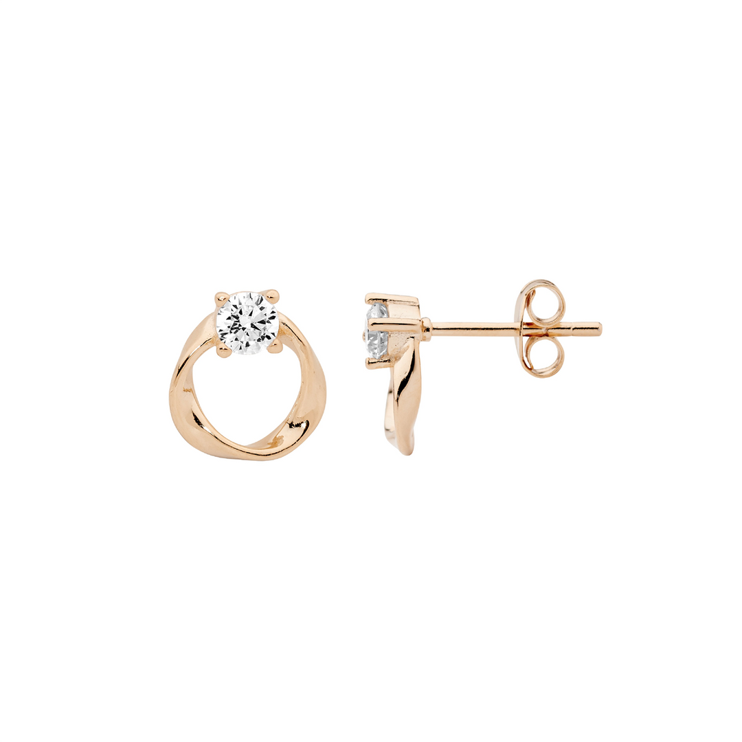 Ellani twisted circle stud earrings with czs in rose gold plated sterling silver