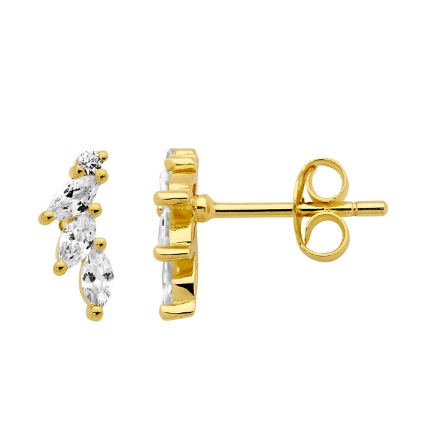 Ellani marquise and round cz stud earrings in gold plated sterling silver