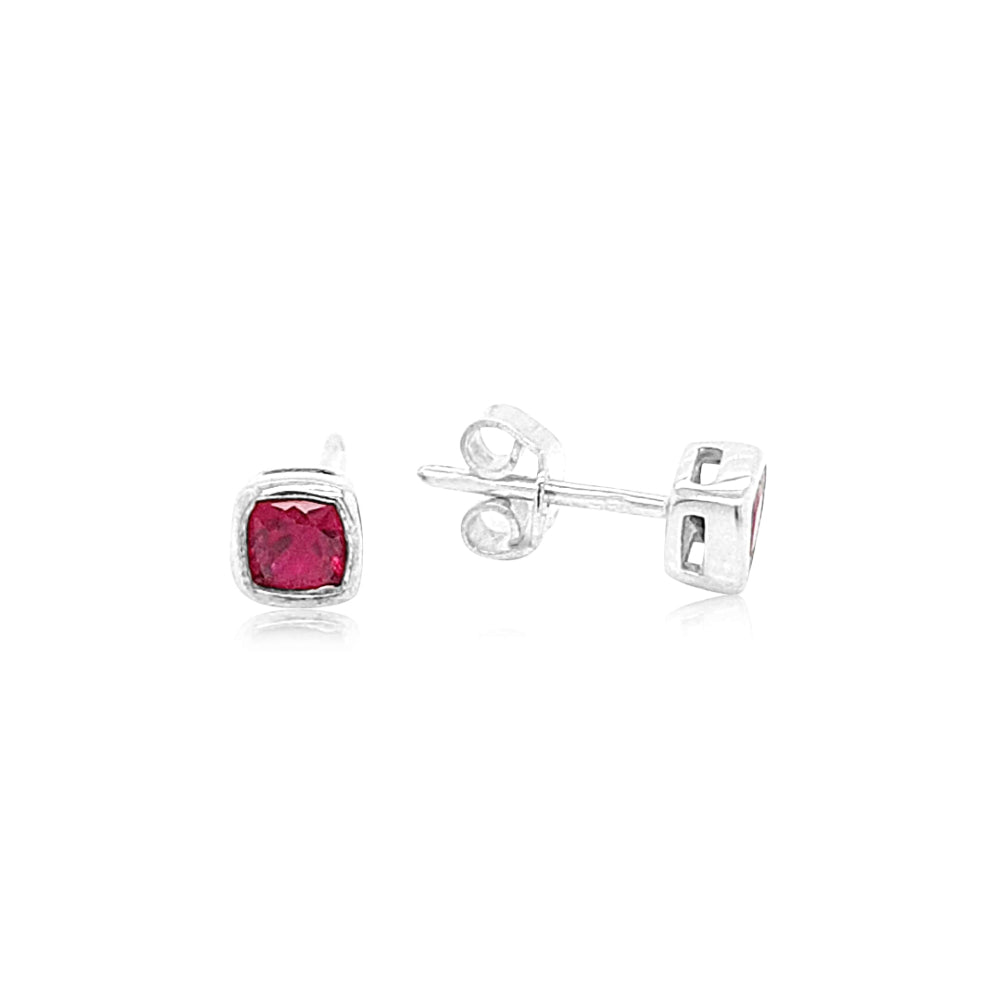 Synthetic ruby rubover stud earrings in sterling silver - 4mm