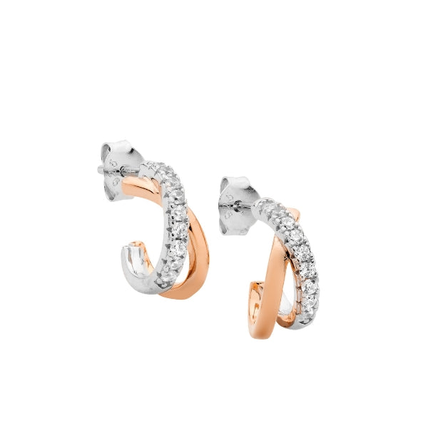 Ellani crossover CZ set half hoops in rose gold plate and sterling silver